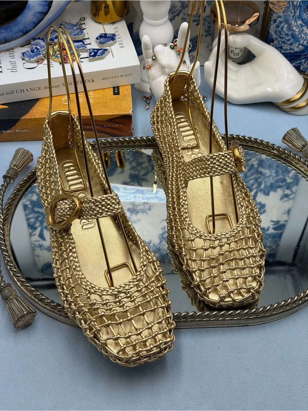 🆕 CULT GAIA 🧿 NWOB Gina Woven Leather Mary Jane Flats, Gold - Sz 37.5 US 7.5